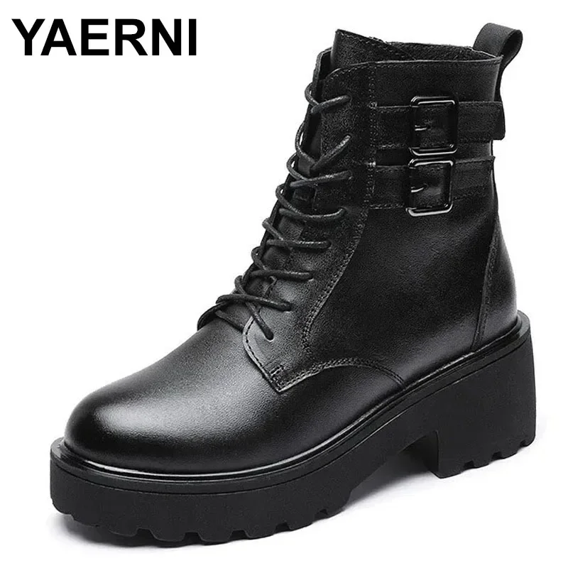

Handmade Retro Women Winter Warm Boots 2023 British Style Platform Thick High Heel Full Cow Leather Mid Calf Boots Brown