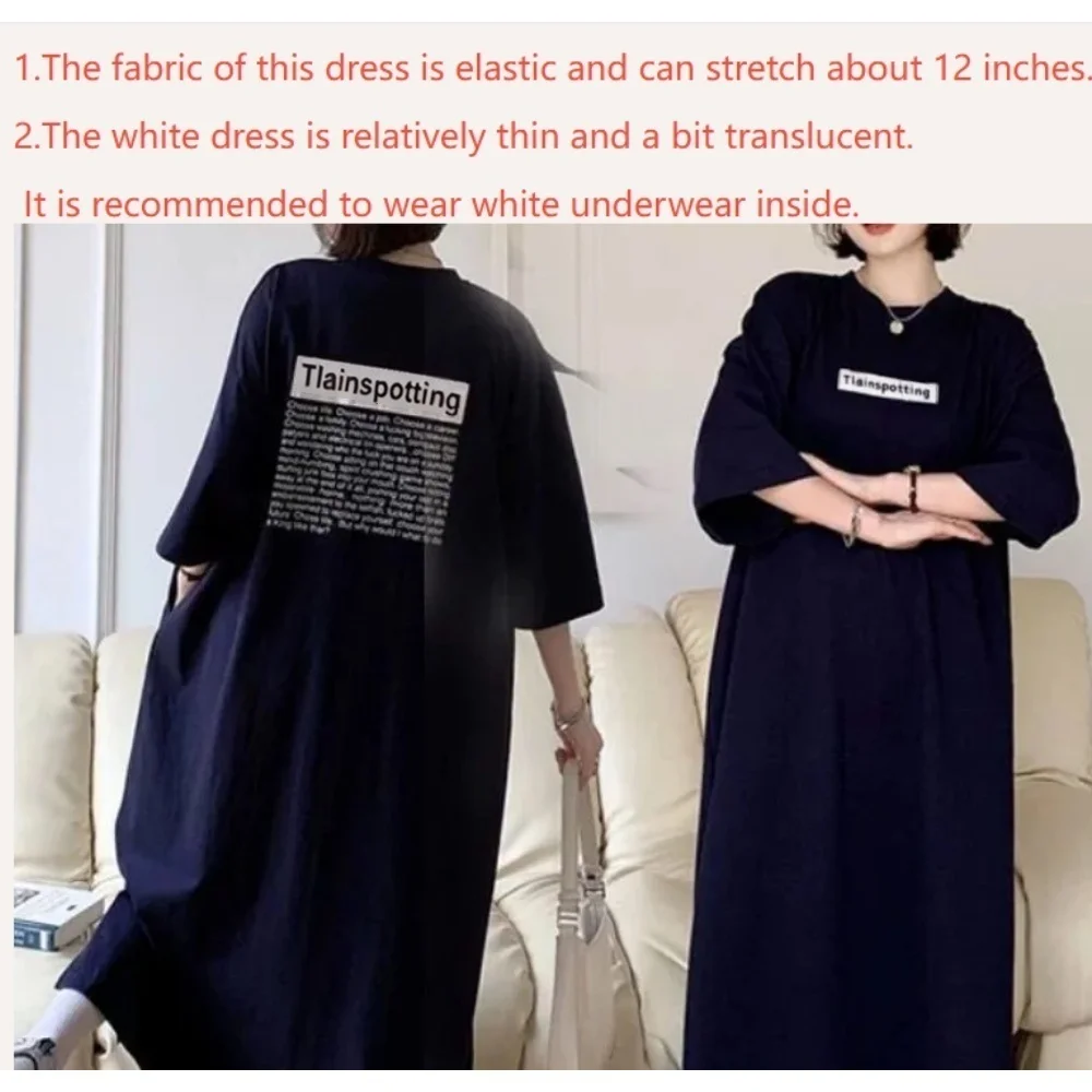 Plus Size Long T-Shirt Dress For Women Korean Chic Loose Pullover Casual Vintage Streetwear O-Neck Short Sleeve Straight Dress