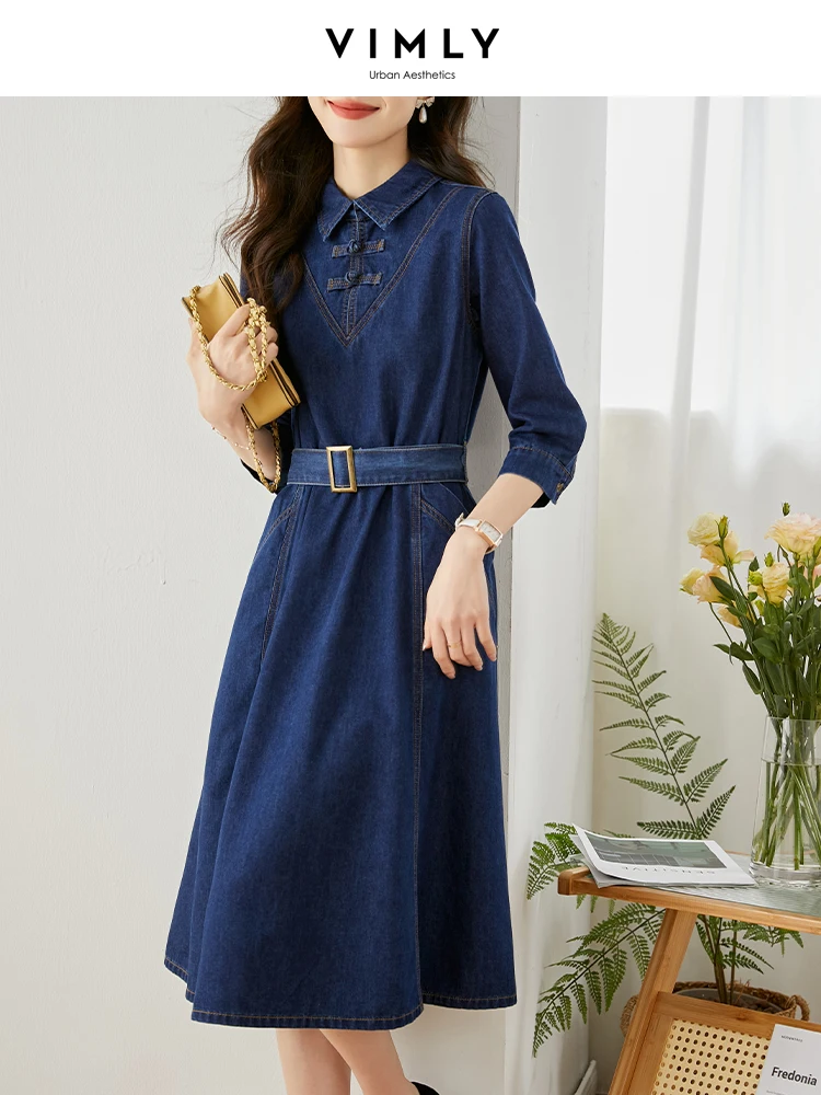 

Vimly Chinese Style Denim Dress for Women 2023 Spring Fashion A Line Slim Belt Waist Big Swing Midi Dress Female Vestidos 70689