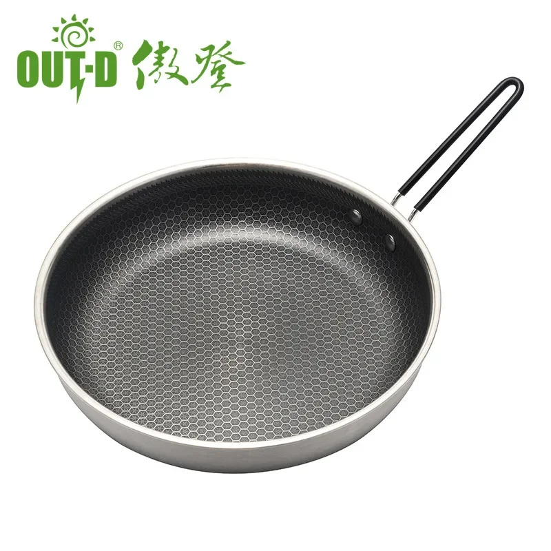 Outdoor Camping Non-Stick Hive Flat Bottomed Frying Pan Stainless Steel Cooking Pot Stir-Fry Camping Barbecue Grill C12/C13