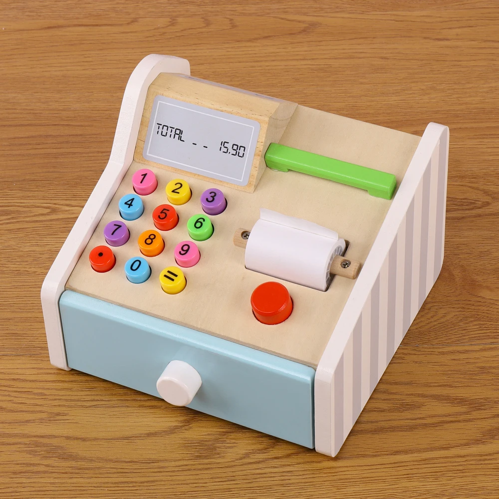 Wooden American cash register cash register card reader wooden card 7 coins 3 banknotes