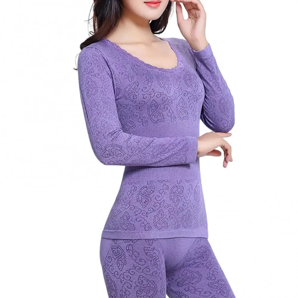 Thermal Underwear Sets Women 2Pcs Winter O Neck Top Long Pants