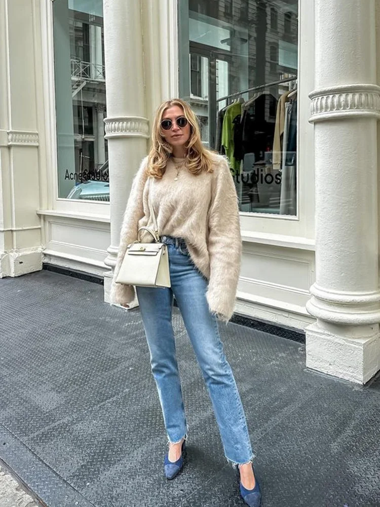 S0f109805690e4991bd1e57df0f79a6979 Women's Solid Thick O-Neck Mohair Sweaters Oversized Cashmere Long Sleeve Warm Pullover Winter Elegant Lady Street Jumpers Mallzona