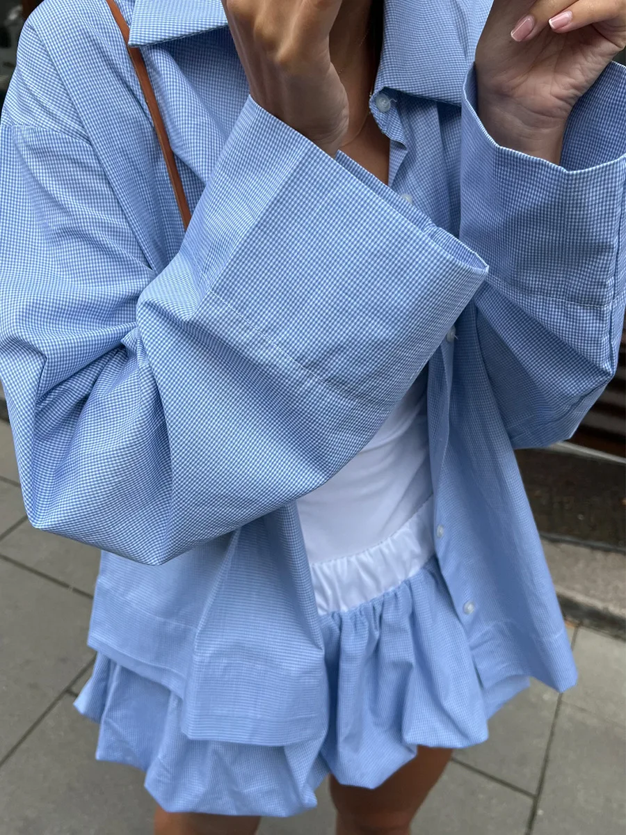 Bornladies Spring Summer New Plaid Shirt Ruched Skort Set Women's  Fashion Skirt Lazy Oversized Long Sleeve Shirt 2-Piece Outfit