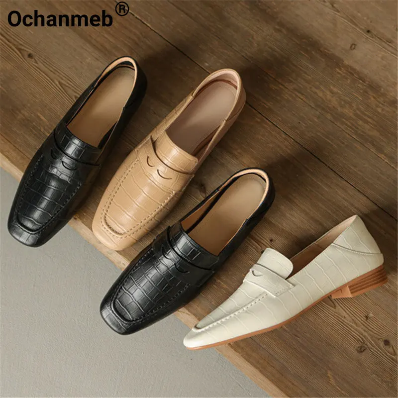 

Ochanmeb Women Genuine Leather Penny Loafers Square Toe Crocodile Flat Shoes Slip-ons Ladies 2023 New Casual Leisure Footwear 40