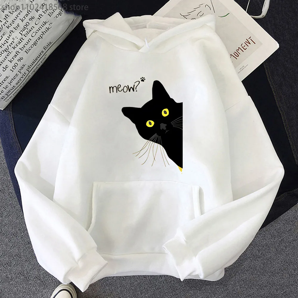 

Meow Black Cat Hoodies Funny Printing Sweatshirts Men Autumn Winter Clothes Kawaii Cute Tops Kpop Streetwear Women Sudadera Coat