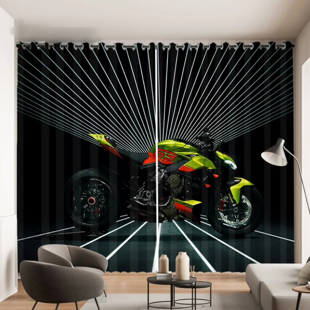 2 Panel Cool Motorcycle Print Curtain for Bedroom Studio Living Room Window Curtain for Floor-to-ceiling Window cortinas Drapes 2