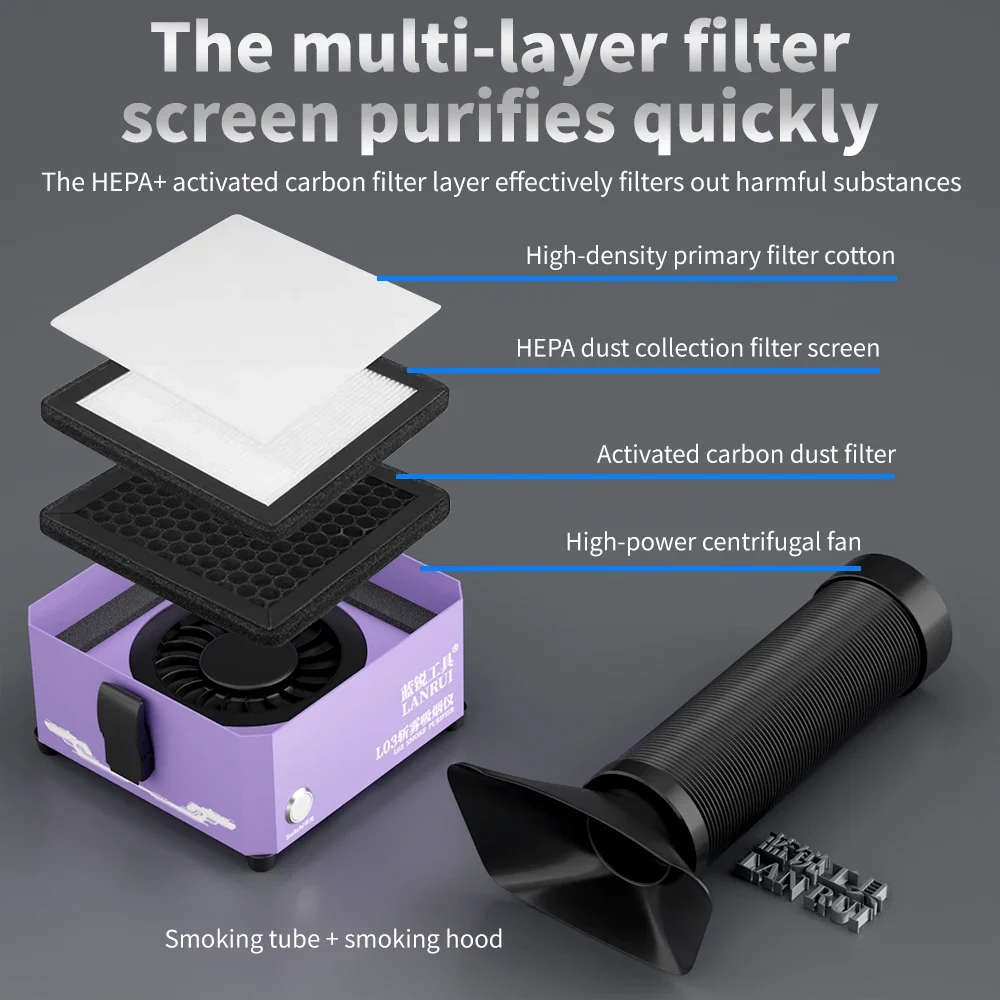 Estrattore di Fumo Lanrui L03 con Filtrazione a Tre Strati per Riparazione di Telefoni Cellulari, Strumento per Estrazione Fumi da Saldatura PCB - immagine 5