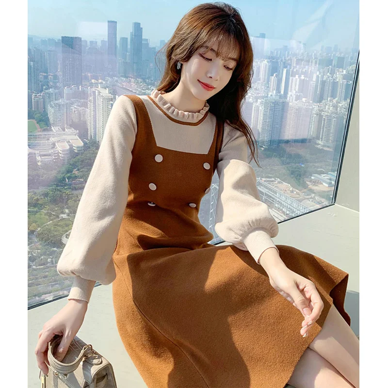 

Fall Winter Dresses For Women Knit O-Neck French Style Elegant Officewear Fake Two Piece Pullover Midi Dress Patchwok OfficeLady