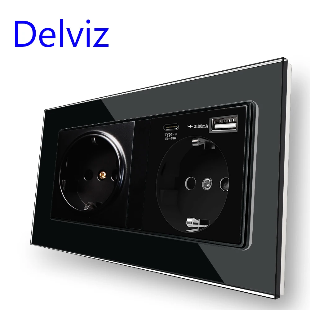 Delviz Wall Power Double Outlet, 5V 3100mA With usb Quick charge Port, Tempered glass panel, EU Standard 18W Type C USB Socket