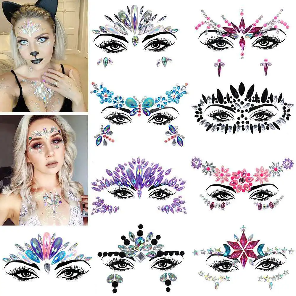 Halloween Face Stickers Jewels Crystal Tattoo Rhinestone Tattoo Sticker Resin Drill Glitter Makeup Music Festival Carnival Party