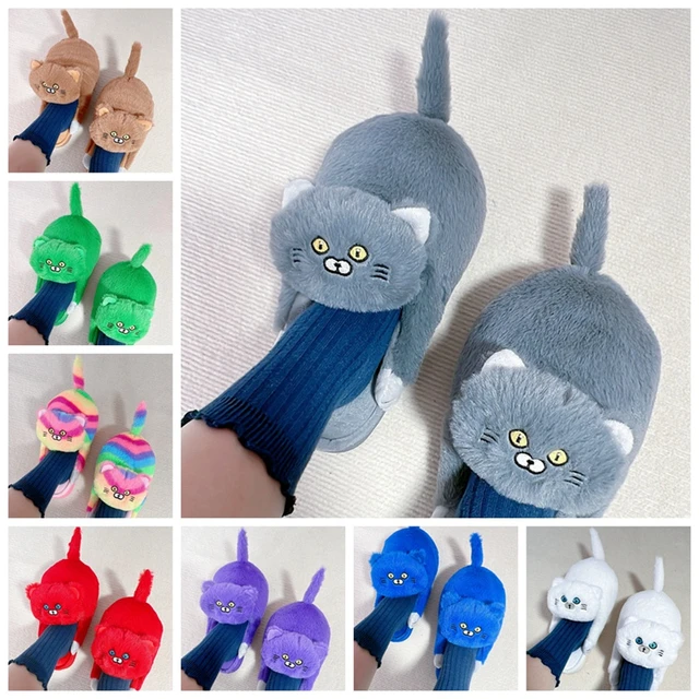 Cuddly Hug Cat Slippers Women Men Winter Home Slides Kawaii Floor Shoes  Furry Slippers Girl White Mules Funny Cute Gift Slippers