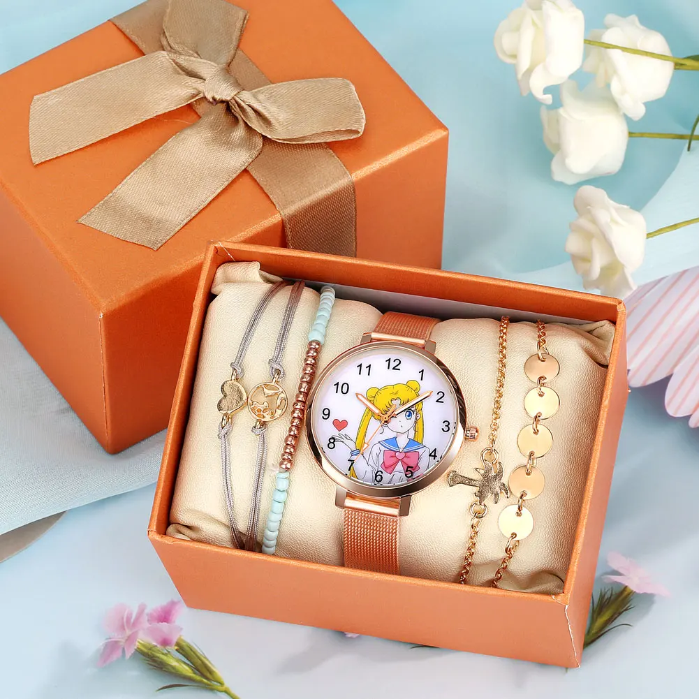 

5PCS New Fashion Watch for Women Set Gift for Girls Casual Luxury Rose Gold Mesh Band Quartz Wristwatches Relogio Feminino