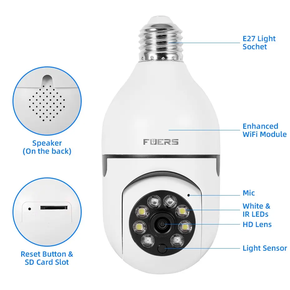 Wifi 2MP E27 Bulb Surveillance Camera Indoor 4X Digital Zoom AI Human Motion Detect Full Color Night Vision Wireless Mini Camera