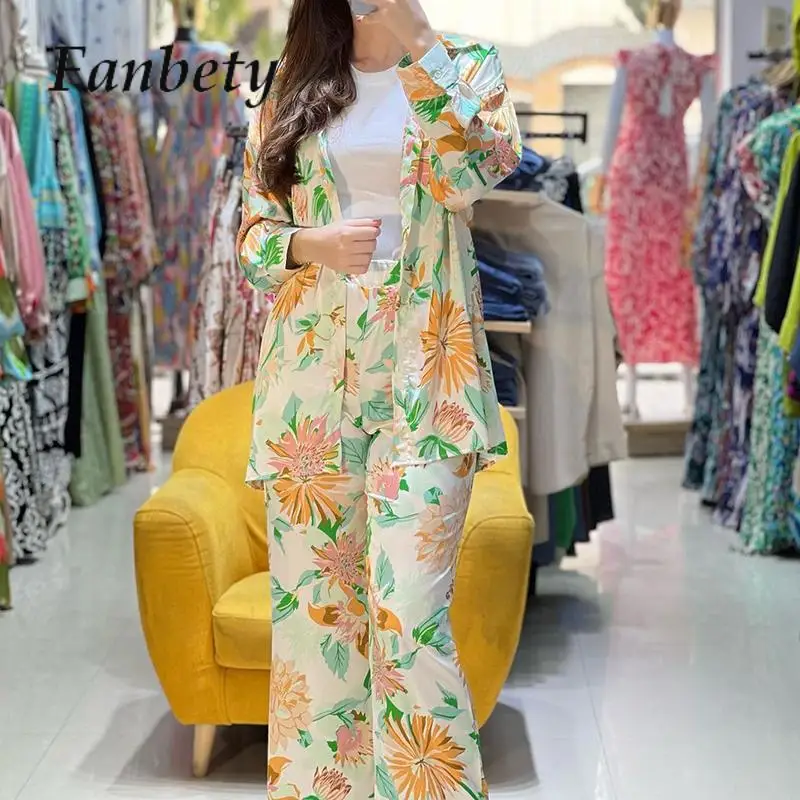 

Women's Spring Long Sleeve Button Print Shirt Suit Casual 2pcs Set For Female 2024 Spring Wide Leg Pants Two Piece Sets Outfits