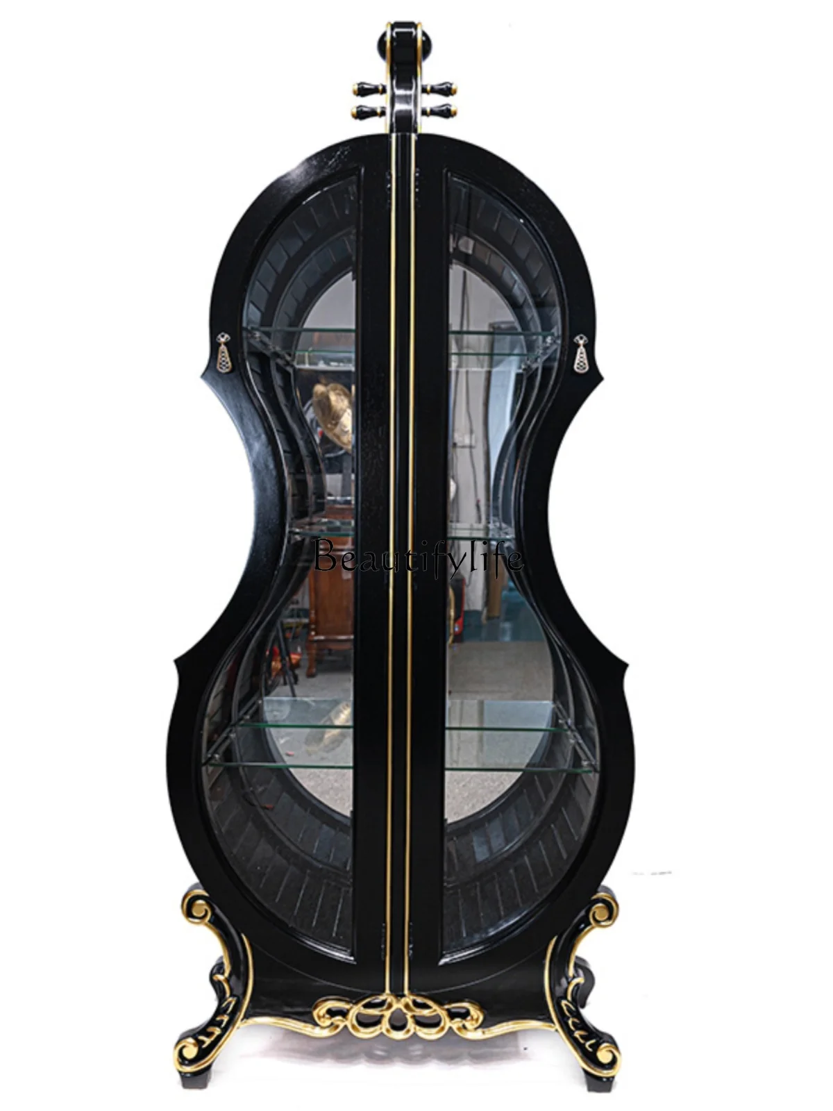 

Violin Wine Cabinet Solid Wood Carved Glass Double Door Living Room Display Cabinet American Light Luxury Ornaments