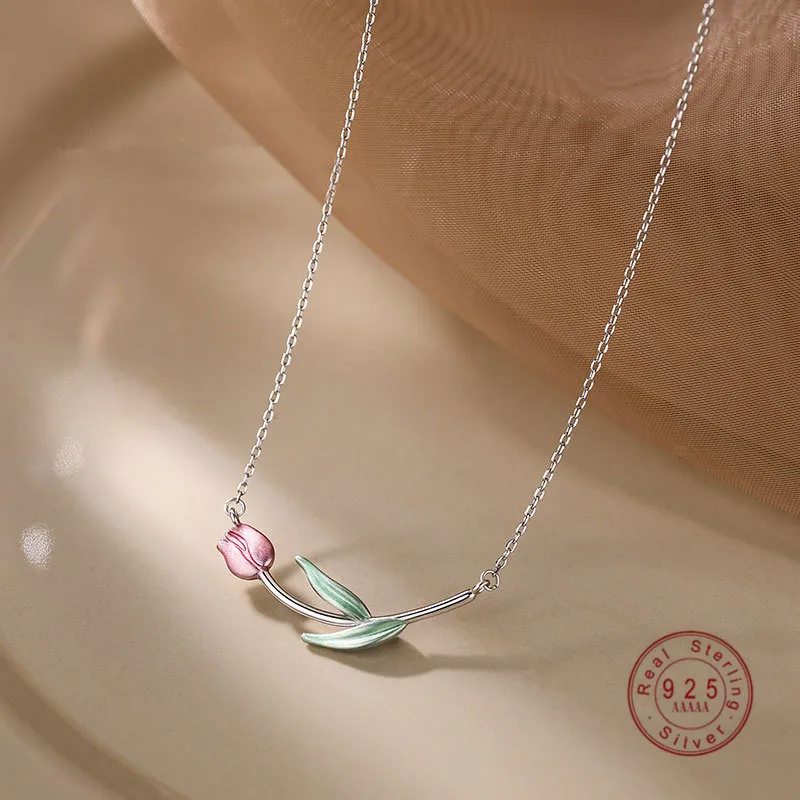 

Aesthetics Oil dripping Tulip Pendant Necklace Women 925 Sterling Silver Fashion Charm Anniversary Jewelry Gift