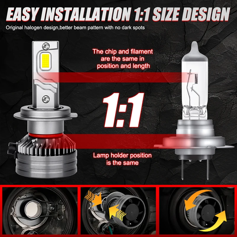 듀얼비전 H7 H11 H1 H4 LED 헤드라이트 전구 6000K H8 H9 HB3 HB4 9005 9006 9012 HIR2 구리 튜브 LED 라이트 키트 (자동차용 12V 2개입)
