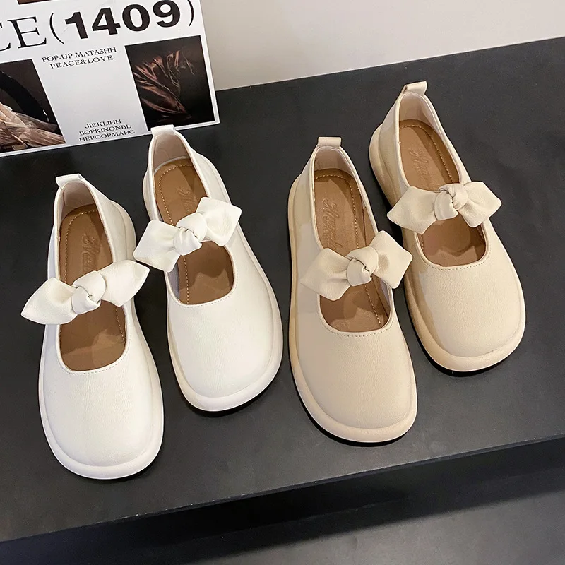 Mary Jane Shoes Women's  Summer New French Niche Design with A Soft Sole Round Toe Bow and Shallow Cut Single Shoe