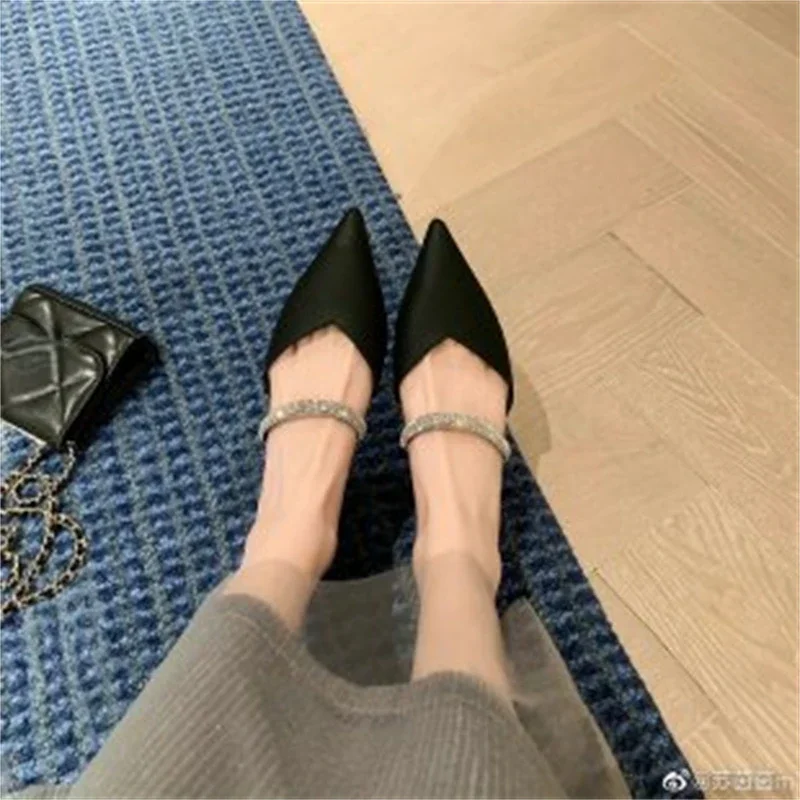 

2024 New Baotou High Heels Pointed Toe Ladies Thick Heel Muller Shoes Fashion Rhinestone Slip-on Fairy Style Sexy Women Pumps