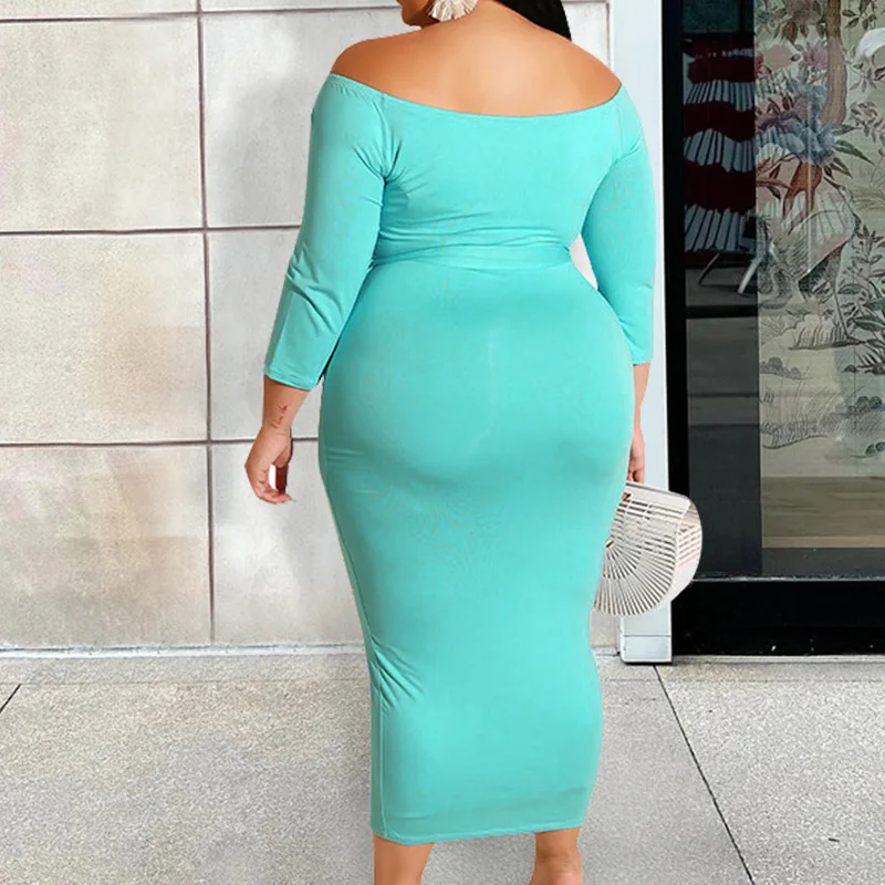 Casual Crown Graphic Print Sexy One Word Collar Bandage Three Quarter Sleeve Off Shoulder Midi Bag Hip Plus Size Lady Dresses