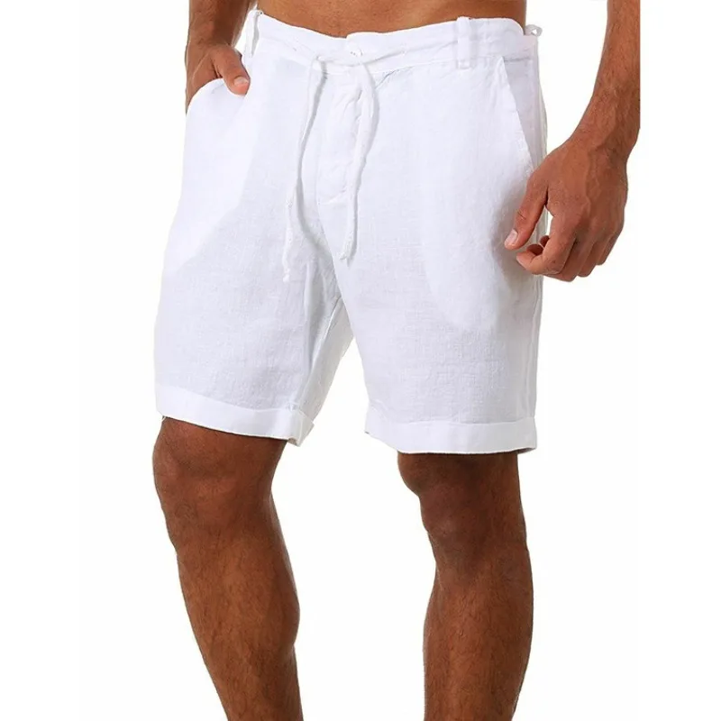 Summer New Beach Pants Linen Solid Colour Lace-up Sweatpants Men Shorts Breathable Casual Pants Relaxed Fit Straight Shorts