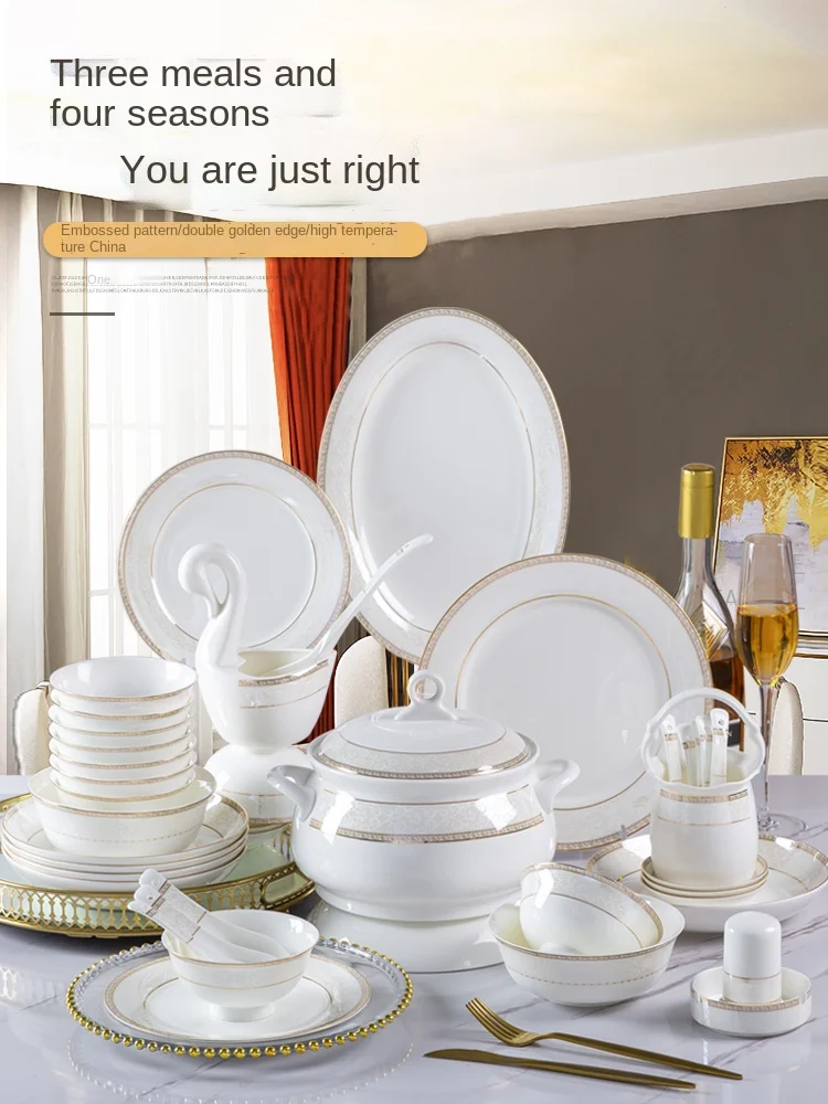 Bowl and Dish Set Household European Simple Gold Edged Bowl Plate