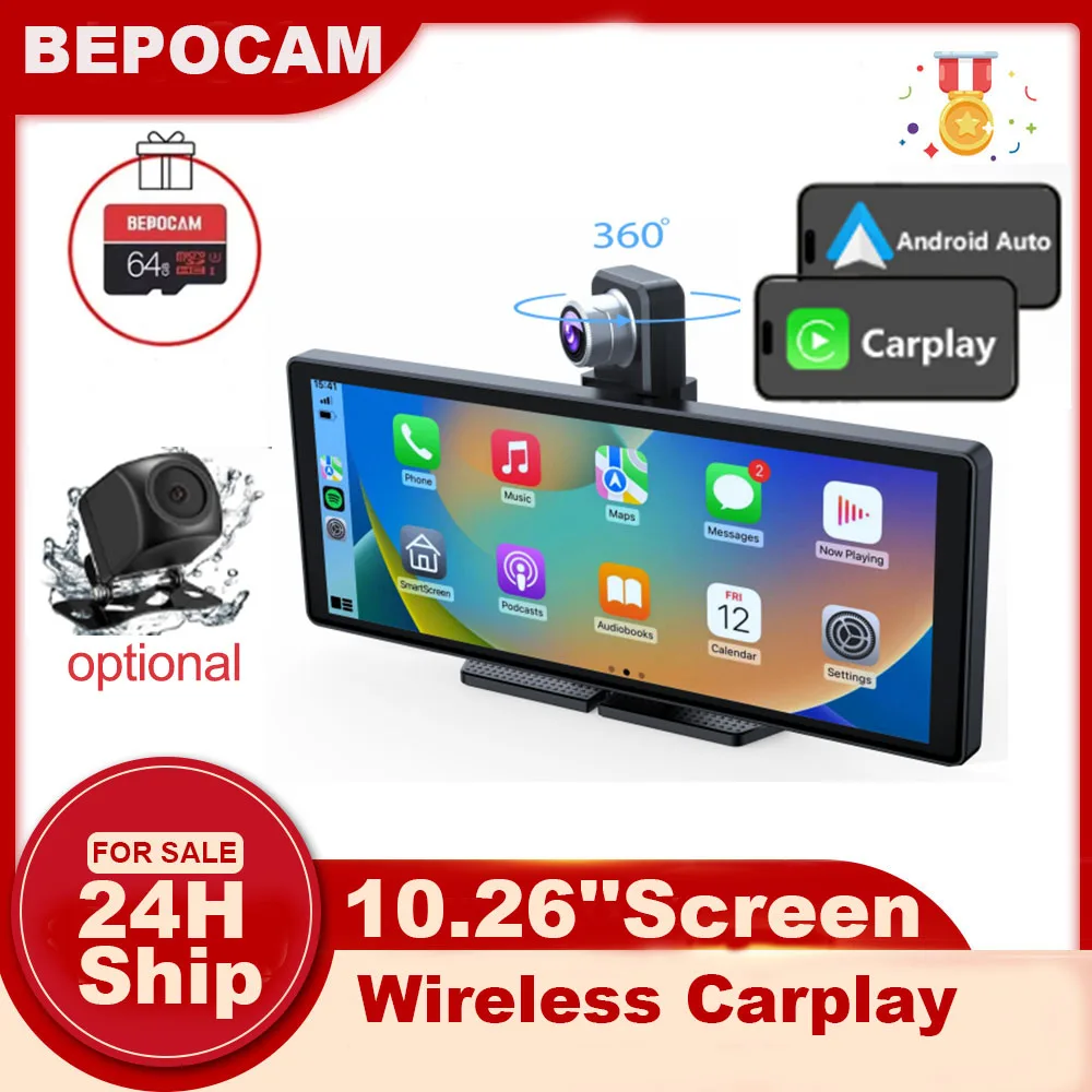 Écran portable universel sans fil CarPlay de 10,26 pouces pour voiture avec système stéréo de voiture à écran tactile Android Auto 1