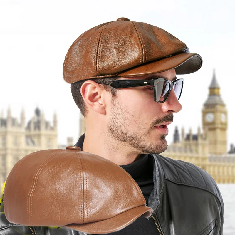 British Retro Man Leather Flat Octagonal Hat Spring Autumn Outdoor Leisure Beret Caps PU Newsboy Cap Men's Painter Beret Gorras 1