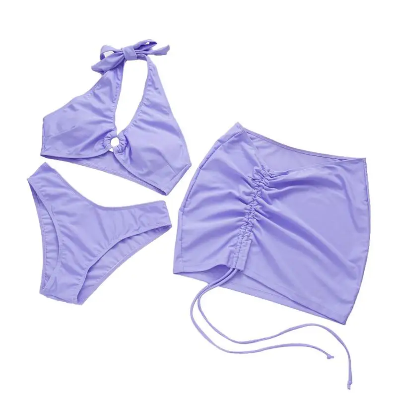 

3 Piece Bathing Suits 3pcs Purple Lace Up Bathing Suits Adjustable Beach Skirt For Spa Swimming Beach Women Girls