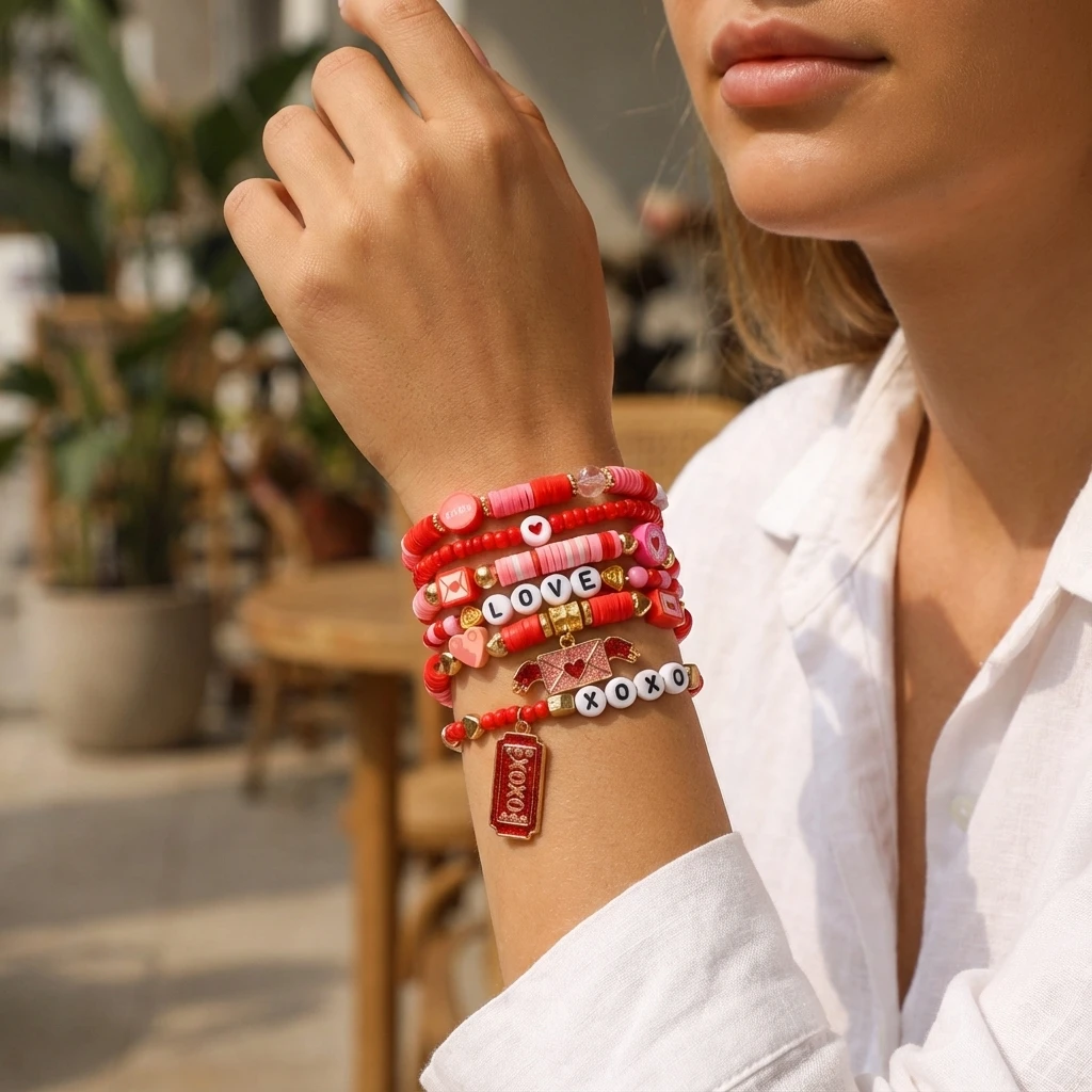 Böhmisches mehrschichtiges Stretch-Armband-Set für Damen, bunte Acrylperlen, Herz, stapelbares Armband, Modeaccessoires, Geschenk