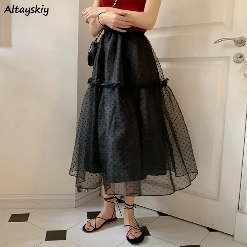 

Skirts Women Aesthetic Patchwork Spring Casual Mesh Simple High Waist Korean Style Ankle-length Elegant Ladies New Arrival Chic