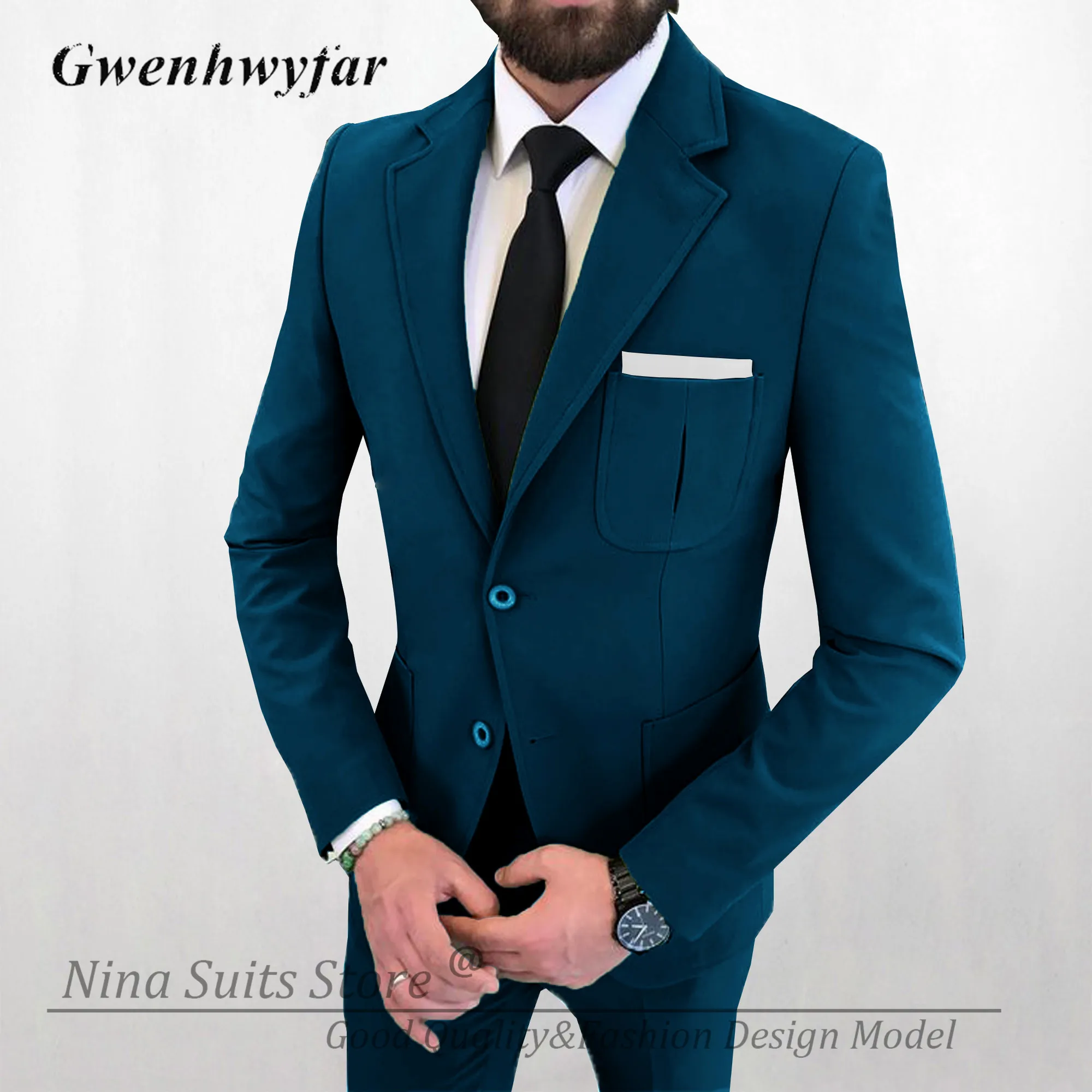 G&N Notch Lapel Suits for Men Tailor-made Sky Blue Blazer Pants Groosmen Wedding Tuxedos Blazer With Three Patched Pockets