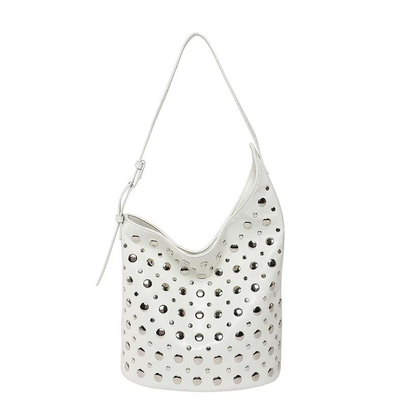 Fashion Asymmetric PU Leather Metal Sheet Rivet Shoulder Bag 2025 New Large Capacity Tote Bag Solid Color Female Underarm Bags