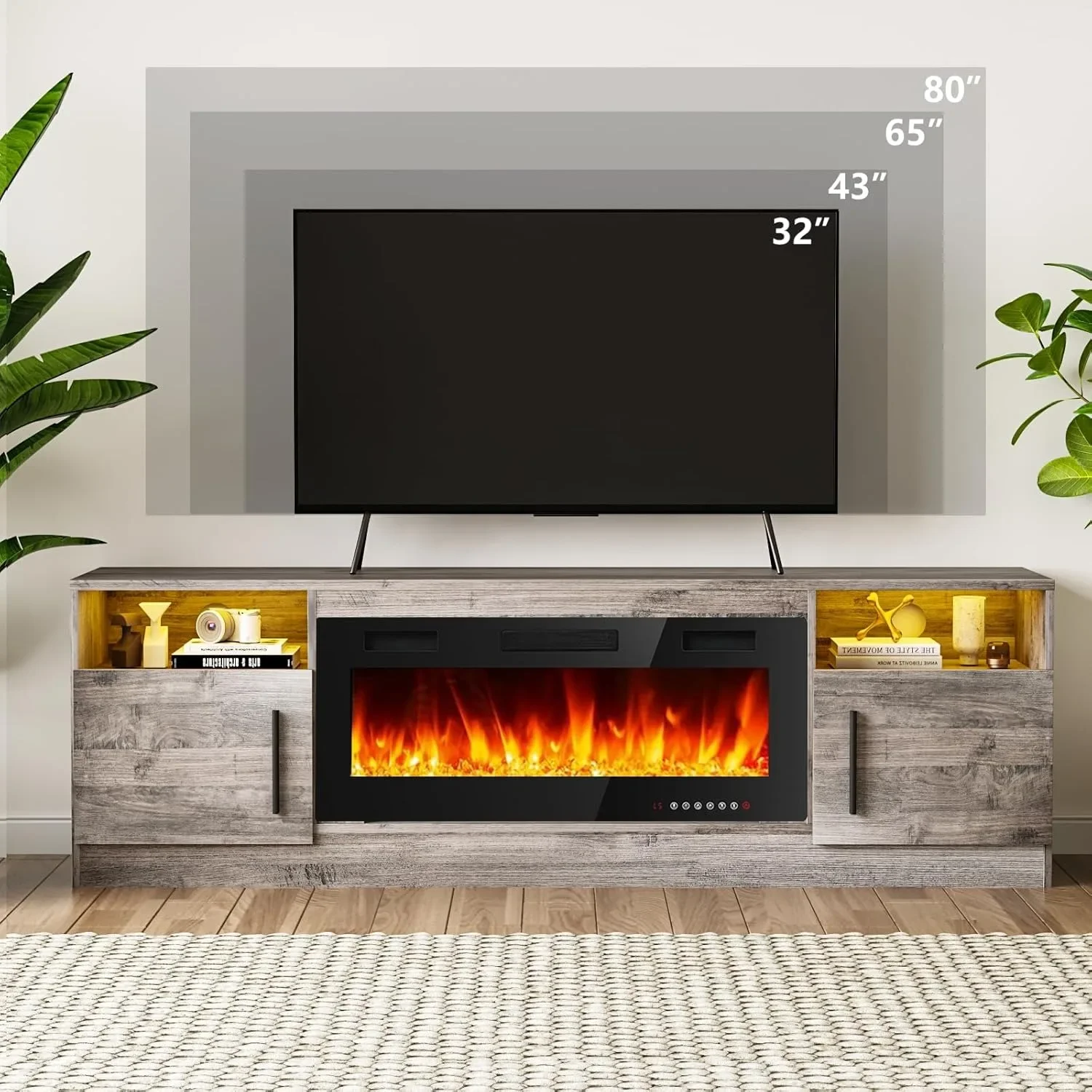 Fireplace TV Stand Entertainment Center w/ 36" Fireplace, 70" Wooden TV Stand,16 Colors LED Lights (Grey)