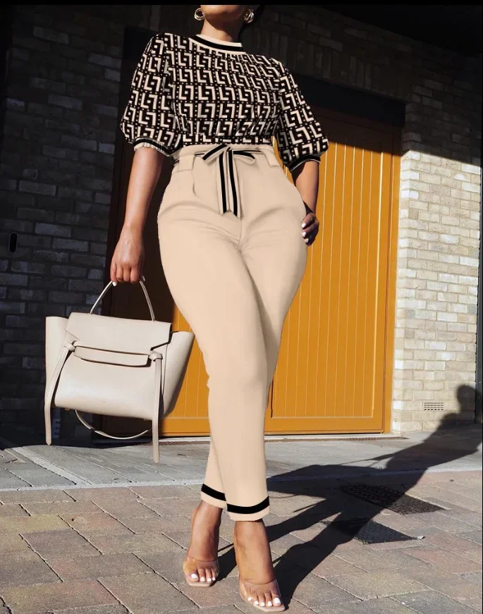 

Женский офисный комплект из 2 предметов, Повседневная Блузка с коротким рукавом и брюки с принтом, на шнуровке, весна 2024