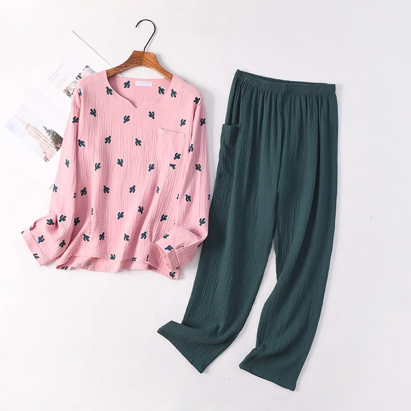 Women's Cotton Pyjamas Water-washed Crepe Yarn Short-sleeved Long Pants Sleepwear Home Suit 2-piece Set women pajamas set cotton pajamas set