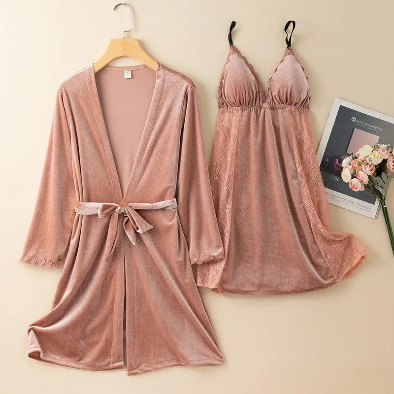 

Bridal Velour Kimono Robe Gown Suit With Strap Nightgown Sexy Bathrobe Lace Perspective Sleepwear Bridesmaid Wedding Nightwear