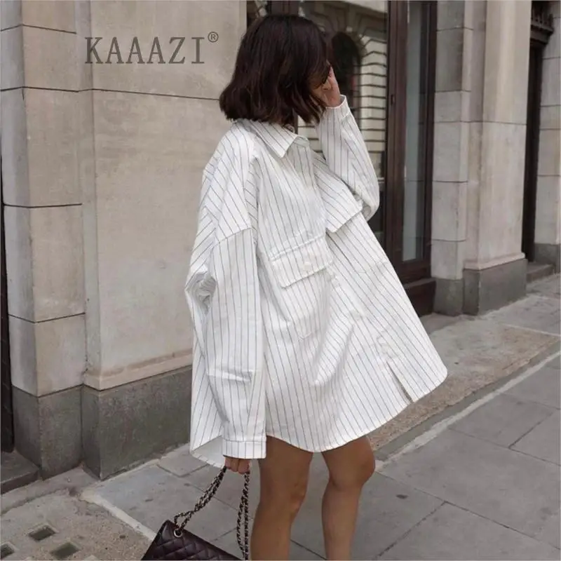 

KAAAZI Loose Long Sleeve Turn-down Collar Women Shirt Fashion Autumn Casual Female New Stripe Print Blouse Streetwear Cardigan