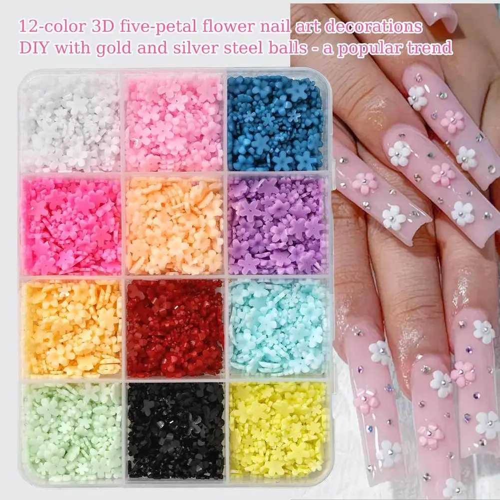 3D 아크릴 꽃 네일 참, 귀엽고 화려한 꽃 모양 네일 참, 캐비어 비즈 & 플랫백 펄 DIY 네일 장식