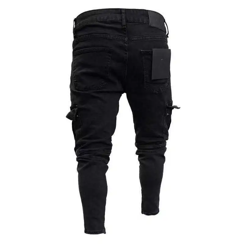 Mens Stretch Jeans Black Big Side Pockets Cargo Jeans Fashion
