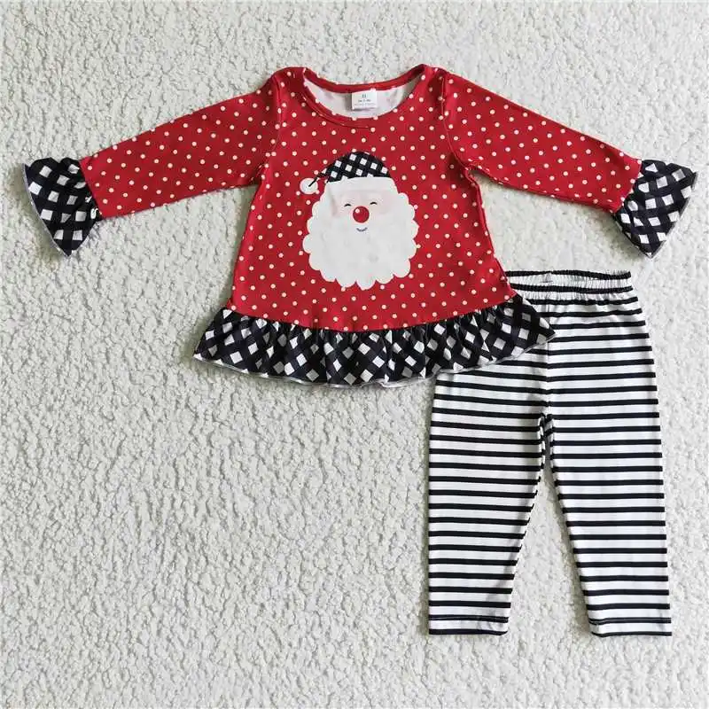 Wholesale Children Red Dots Top Striped Legging Pants Baby Girl Christmas Santa Outfit Toddler Set Infant Kid Pajamas Clothes wholesale newborn christmas santa infant striped snap button baby girl embroidery children romper kids cotton toddler jumpsuit