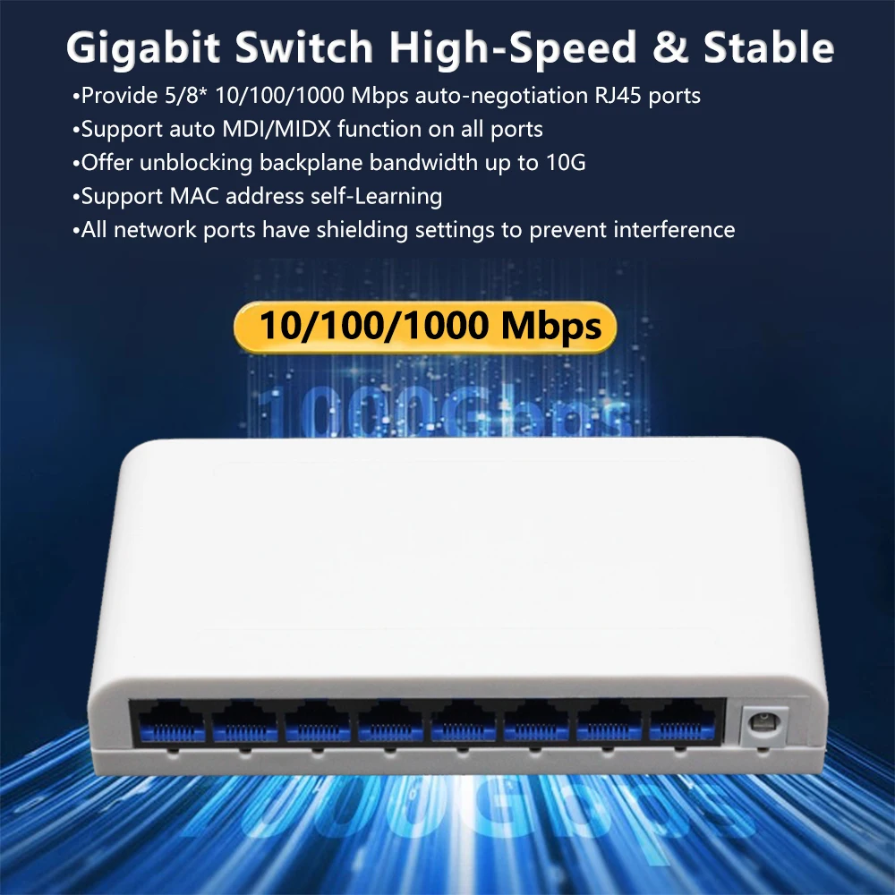 High-Speed RJ45 Ethernet Switch - 5/8 Port, 10/100/1000Mbps for Office and Home Networking