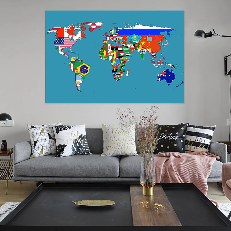 

150x225cm DIY World Map Made with Country Flags Pattern Non-woven Decor Map for Wall Decor Large Non-Smell Wall Stickers