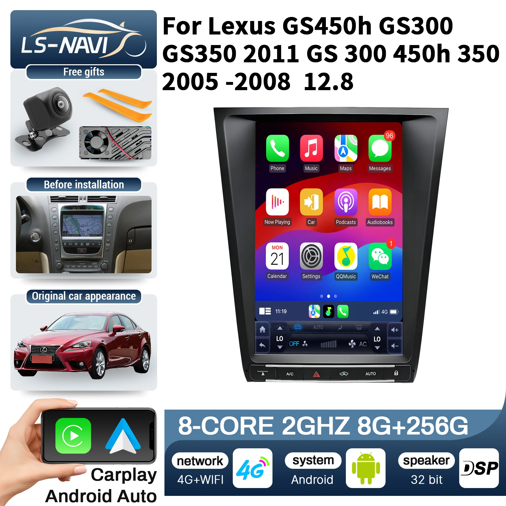 Estéreo inalámbrico con pantalla táctil CarPlay de 12,8 pulgadas para Lexus GS450h GS300 GS350 2005-2008 Radio de coche 2 DIN 760*1024 píxeles soporte USB TF 1
