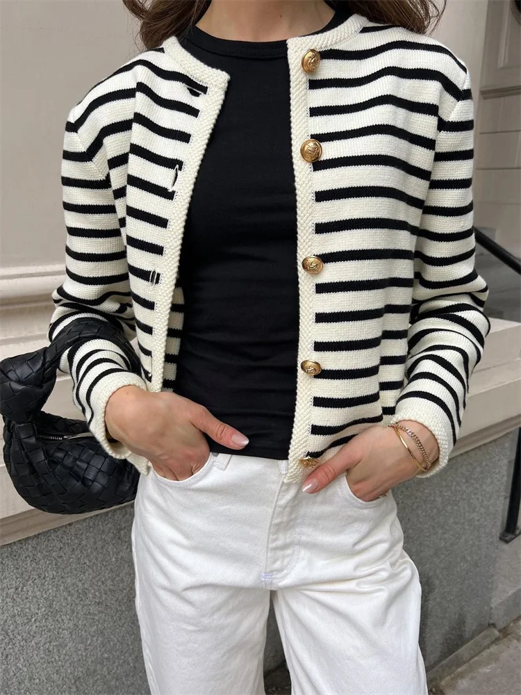 

Tossy Striped Knit Sweater Cardigan Coat Female Loose Long Sleeve Fashion Slim Patchwork Contrast Outwear Summer Knitwear Coat