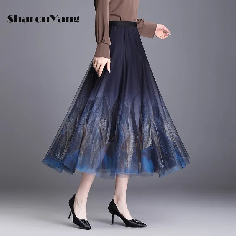 

Skrits Womens 2022 Spring Summer New Mid Length A-line Skirt Printed Mesh Skirt for Women