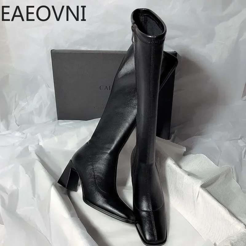 Women Winter High Heel Knee High Boots Fashion Square Toe Long Knight Bootties