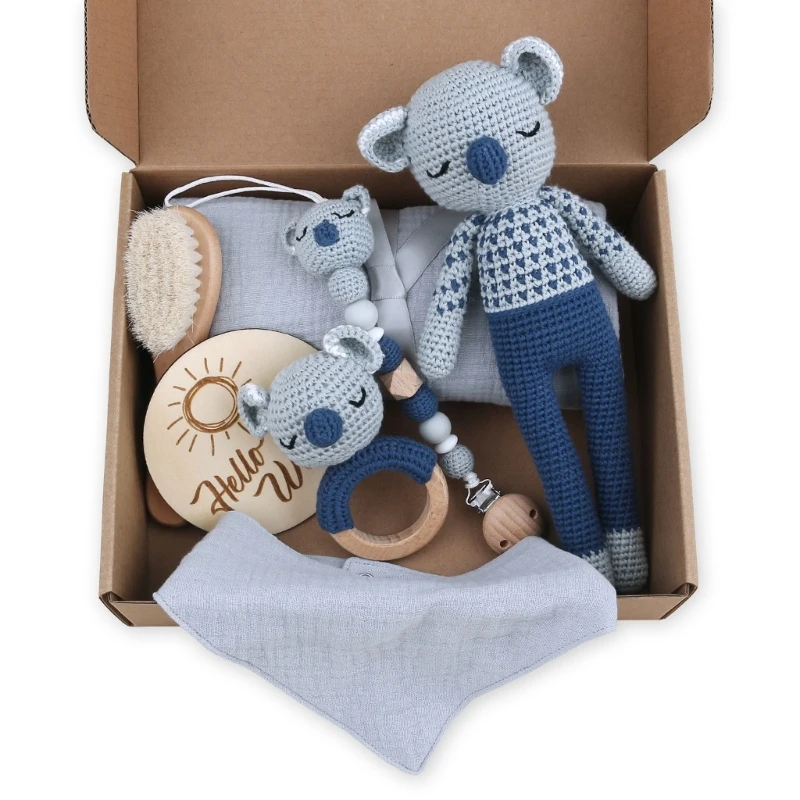 

7-piece Baby Toy Set Baby Blanket Hair Brush Bibs Rattle Teether Hello-World Wood Plate Pacifier-chain Doll- Shower Gift X90C