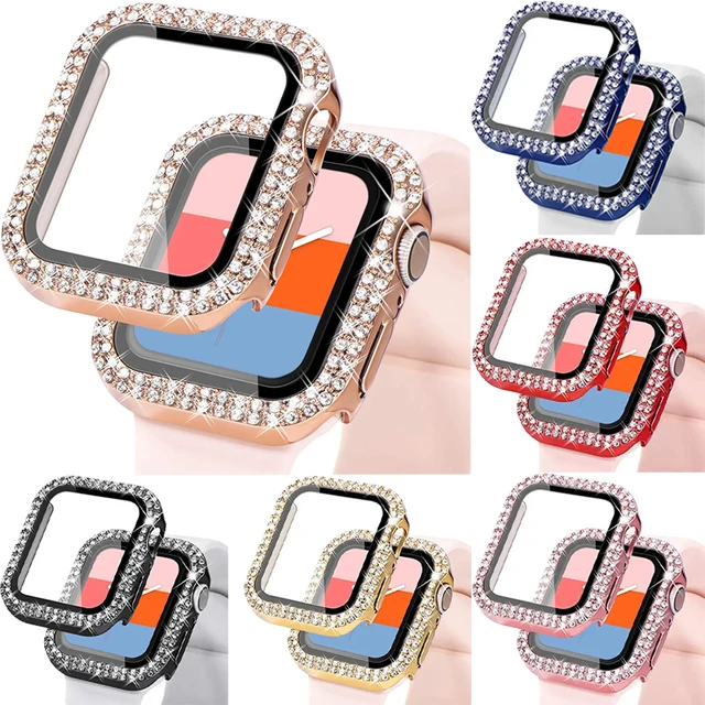 Verre scintillant diamant + couvercle pour boîtier de montre Apple 45/41mm 46/42mm 44/40mm, écran HD en verre trempé iWatch 11 10 9 8 7 6 5 SE 1